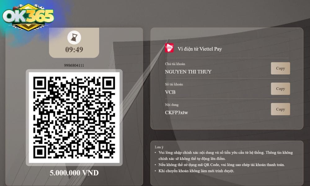 Nạp tiền qua ViettePay rất dễ dàng